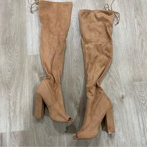 Steve Madden Elliana Tan Peep Toe Thigh High Boots